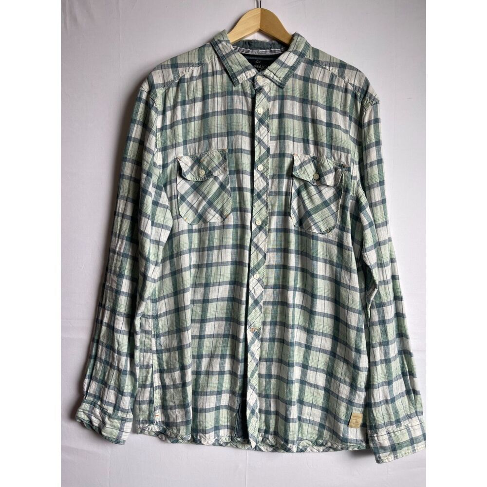 Buffalo David Bitton Men's XL Plaid Linen Shirt Green Gray Button Up Long Sleeve